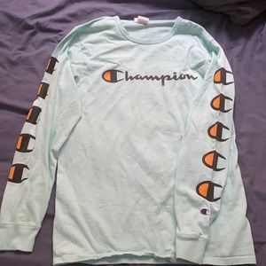 teal champion long sleeve graphic shirt